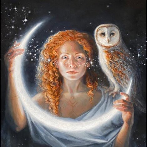 Woman With Owl Holding Moon